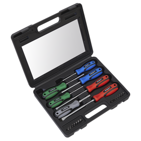 The Sealey Screwdriver Set 21pc with Storage Case - S0923 includes a black plastic carrying case that holds five screwdrivers featuring differently colored handles, each labeled for easy identification, along with multiple Chrome Vanadium steel screwdriver bits neatly arranged in two rows at the bottom.