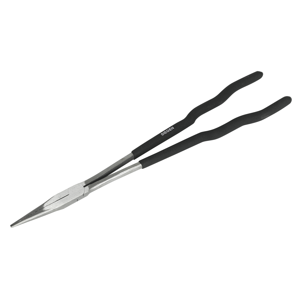 The Sealey Needle Nose Pliers Extra-Long 400mm Straight (S0925) feature black, non-slip rubber handles and are made from drop-forged steel.