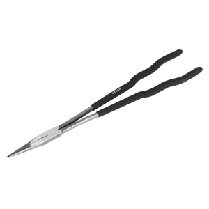 The Sealey Needle Nose Pliers Extra-Long 400mm Straight (S0925) feature black, non-slip rubber handles and are made from drop-forged steel.