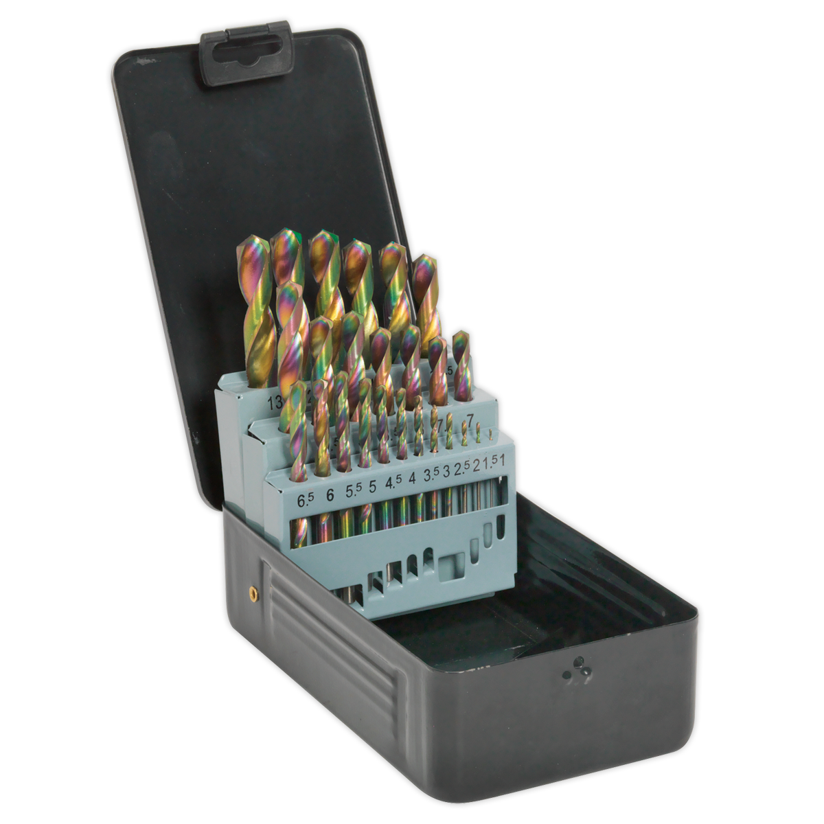 The Sealey HSS Drill Bit Set 25pc Edge Ground - Metric DIN 338 - S0938 features a black plastic metal storage case that contains an assortment of neatly organized HSS drill bits in various sizes. The clearly labeled slots and open lid make it perfect for general workshop use.