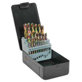 The Sealey HSS Drill Bit Set 25pc Edge Ground - Metric DIN 338 - S0938 features a black plastic metal storage case that contains an assortment of neatly organized HSS drill bits in various sizes. The clearly labeled slots and open lid make it perfect for general workshop use.