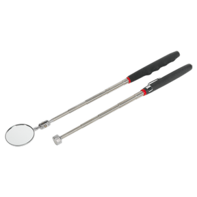 The Telescopic Magnetic Pick-Up Tool & Inspection Mirror Set 2pc - S0940 by Sealey includes two extendable inspection tools with black handles: one equipped with a round inspection mirror and the other featuring a small magnetic pick-up tool, both designed with durable 5-section stainless steel construction.