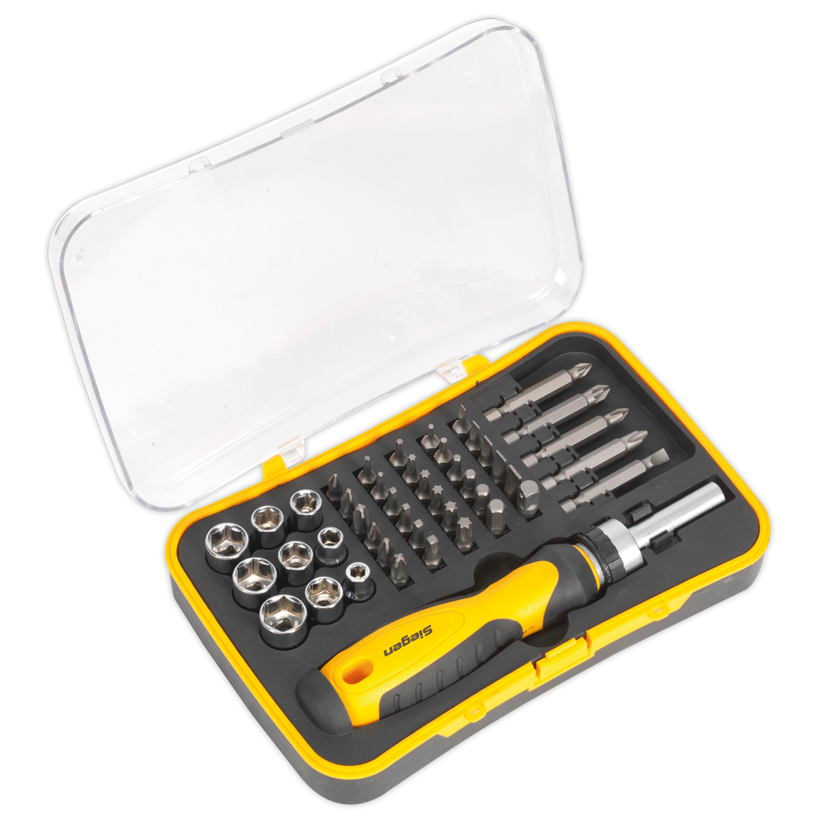 Presenting the Sealey Socket & Bit Set 45pc Ratchet Screwdriver - S0979: a yellow and black screwdriver set featuring interchangeable Chrome Vanadium steel bits and high-grade steel sockets, all organized neatly in a plastic carrying case with a transparent lid. This set includes a reversible ratchet driver for versatile use.