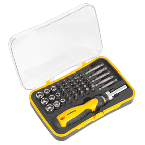 Presenting the Sealey Socket & Bit Set 45pc Ratchet Screwdriver - S0979: a yellow and black screwdriver set featuring interchangeable Chrome Vanadium steel bits and high-grade steel sockets, all organized neatly in a plastic carrying case with a transparent lid. This set includes a reversible ratchet driver for versatile use.