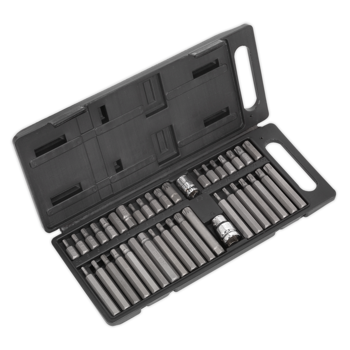 The Sealey TRX-Star/Hex/Spline Bit Set 40pc 3/8" & 1/2"Sq Drive - S0982 comes in a black plastic case that contains an assortment of Chrome Vanadium steel drill bits and TRX-Star bits, all meticulously arranged in designated slots, with handles on either side for easy portability.