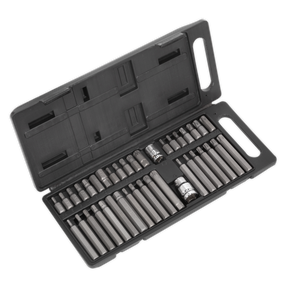 The Sealey TRX-Star/Hex/Spline Bit Set 40pc 3/8" & 1/2"Sq Drive - S0982 comes in a black plastic case that contains an assortment of Chrome Vanadium steel drill bits and TRX-Star bits, all meticulously arranged in designated slots, with handles on either side for easy portability.