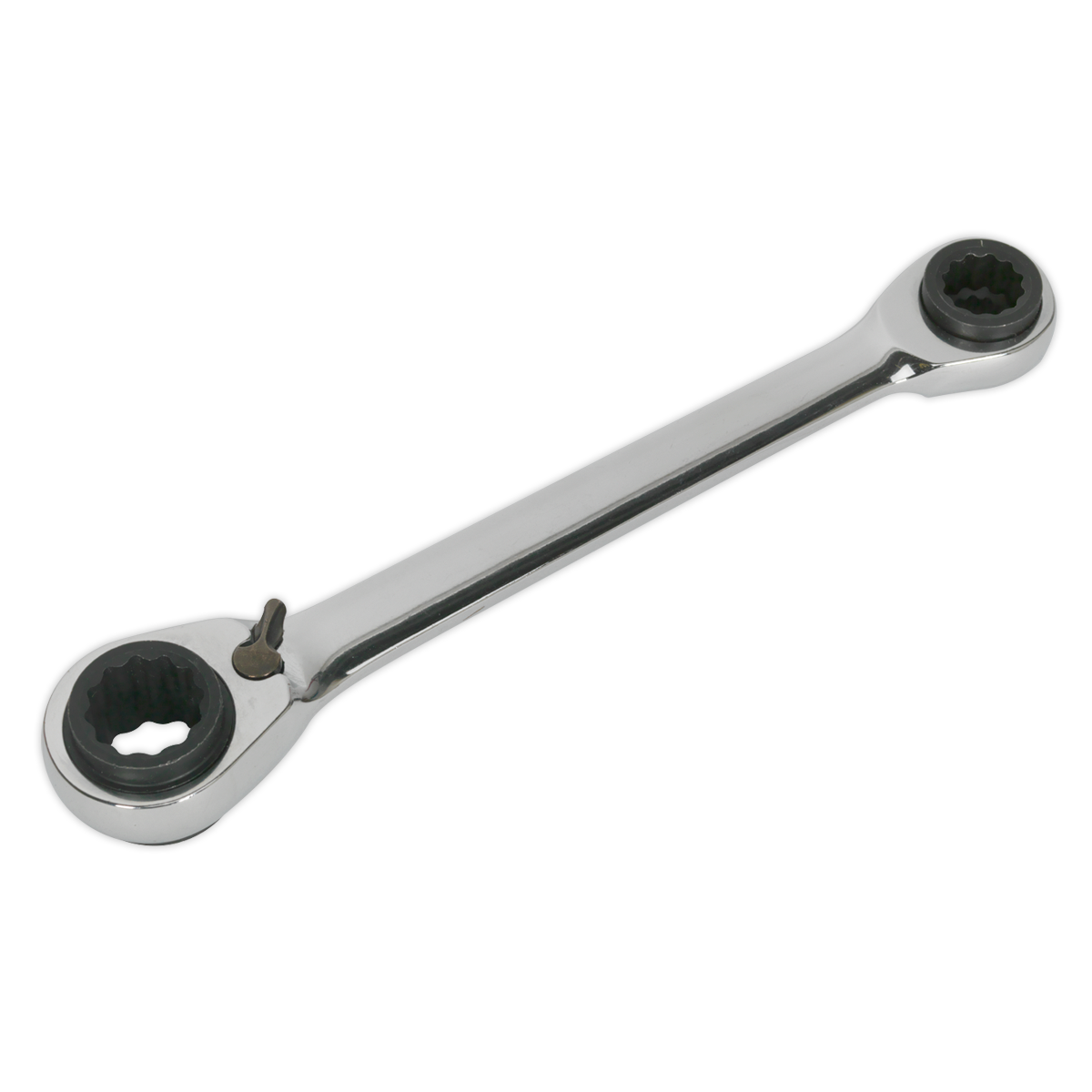 The Ratchet Ring Spanner 4-in-1 Reversible Metric (S0983) by Sealey is a double-ended wrench made of durable Chrome Vanadium steel. It features 72-Tooth ratchet rings and different-sized sockets on each end, all with a polished chrome finish, and is part of the esteemed Siegen by Sealey tools collection.