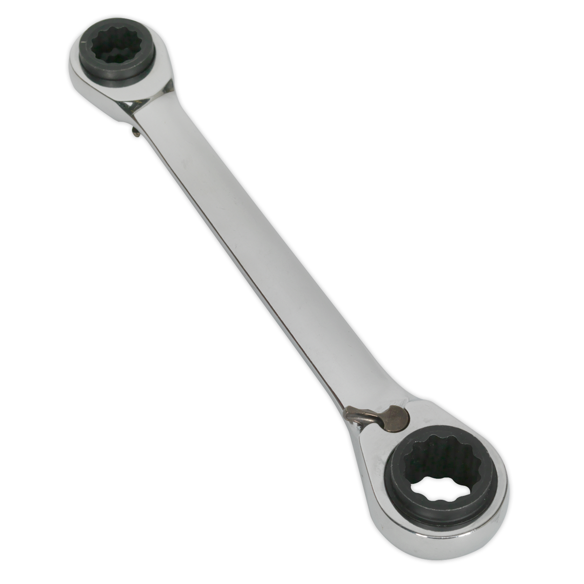 The Sealey Ratchet Ring Spanner 4-in-1 Reversible Metric - S0983, crafted from durable Chrome Vanadium steel and equipped with open ends and 72-Tooth ratchet rings, features a polished metallic surface and is shown isolated on a white background.