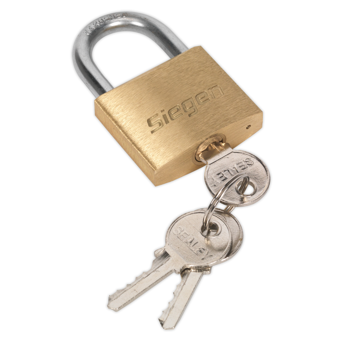 A 40mm brass body padlock labeled "Sealey" with a brass cylinder, featuring a twin bar locking mechanism and two attached keys on a keychain, product code S0987.