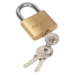 A 40mm brass body padlock labeled "Sealey" with a brass cylinder, featuring a twin bar locking mechanism and two attached keys on a keychain, product code S0987.