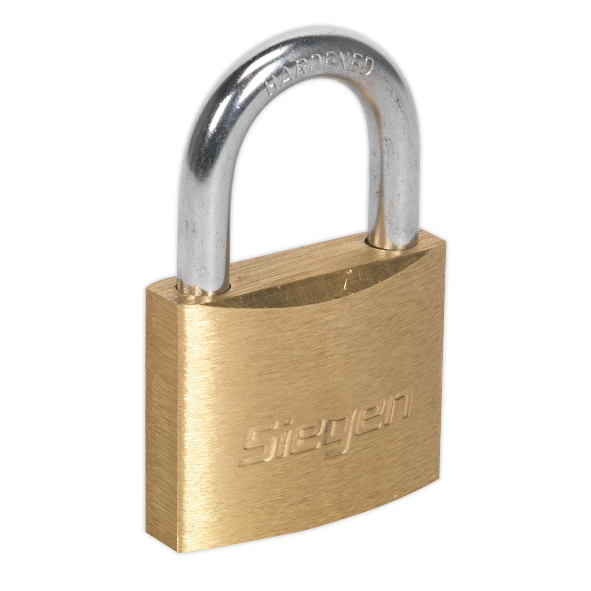 A Sealey Brass Body Padlock with an extruded brass body, a hardened steel shackle, and the brand name "Sealey" engraved on the side.