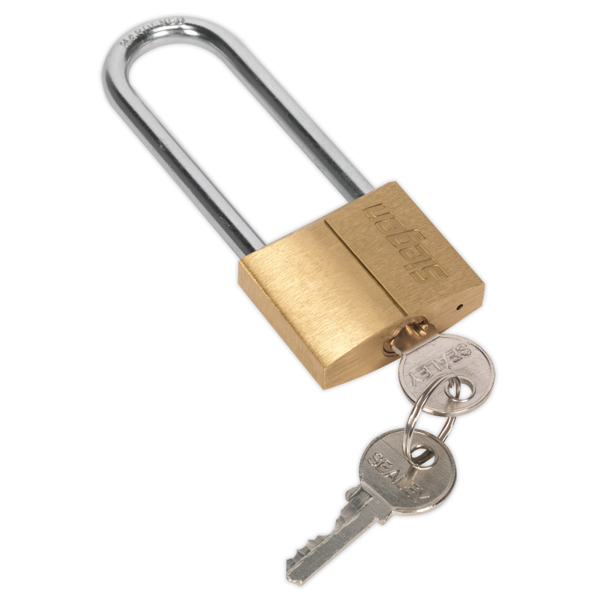 A brass body padlock, identified as the Brass Body Padlock with Brass Cylinder Long Shackle 40mm - S0989 from the Sealey brand, is shown with two inserted keys.