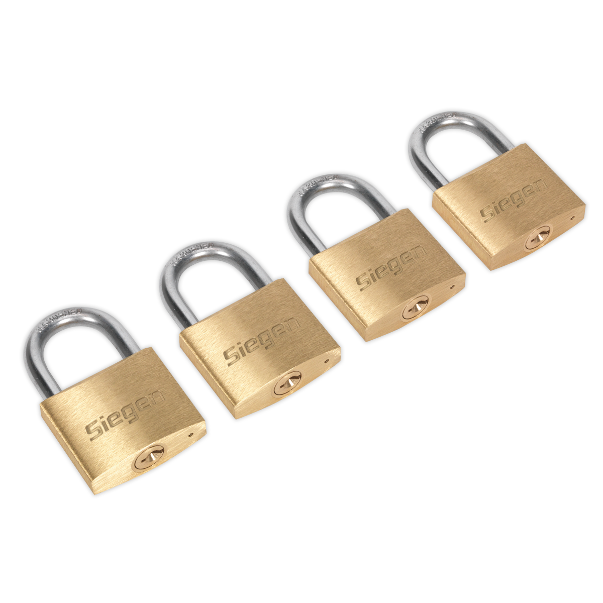 Four Sealey brass body padlocks with 40mm brass cylinders, each featuring a hardened steel shackle and twin bar locking mechanism, all arranged in a row.