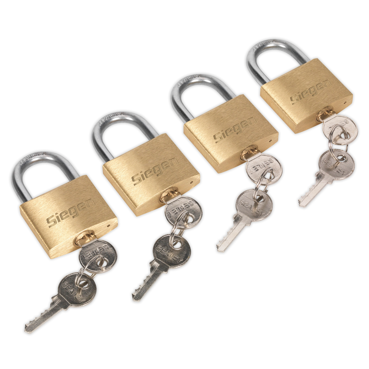 Four brass body padlocks with matching keys, each branded "Sealey," arranged in a row. These padlocks, known as the Brass Body Padlock with Brass Cylinder 40mm Keyed Alike Pack of 4 - S0992, feature a twin bar locking mechanism and hardened steel shackle for added security.