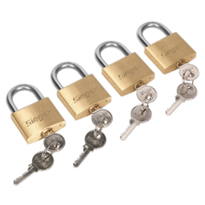 Four brass body padlocks with matching keys, each branded "Sealey," arranged in a row. These padlocks, known as the Brass Body Padlock with Brass Cylinder 40mm Keyed Alike Pack of 4 - S0992, feature a twin bar locking mechanism and hardened steel shackle for added security.