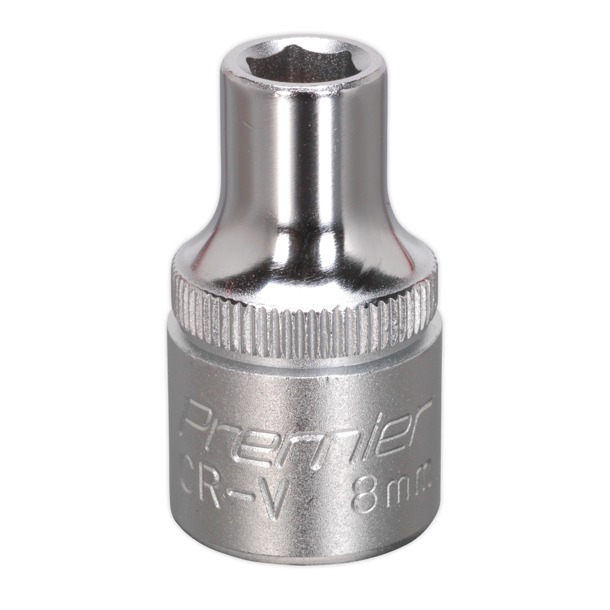 A WallDrive® Socket 8mm 1/2"Sq Drive - S1208 features "Premier CR-V" etched on its chrome finish, is made from Chrome Vanadium steel, and is designed for automotive or mechanical use. The product is offered by Sealey.