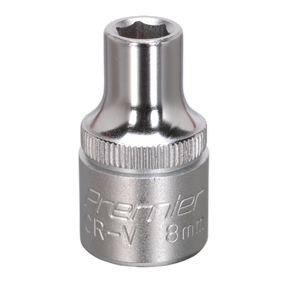 A WallDrive® Socket 8mm 1/2"Sq Drive - S1208 features "Premier CR-V" etched on its chrome finish, is made from Chrome Vanadium steel, and is designed for automotive or mechanical use. The product is offered by Sealey.