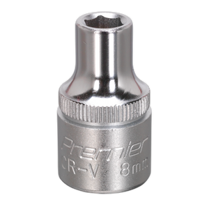 A WallDrive® Socket 8mm 1/2"Sq Drive - S1208 features "Premier CR-V" etched on its chrome finish, is made from Chrome Vanadium steel, and is designed for automotive or mechanical use. The product is offered by Sealey.