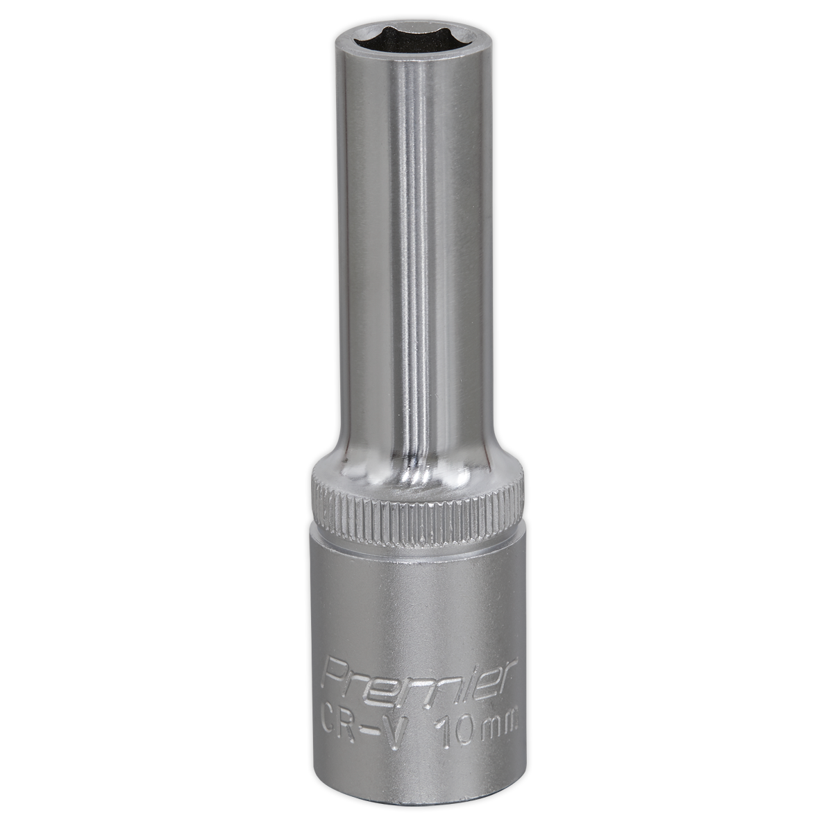 A 10mm deep WallDrive® Socket 1/2" Square Drive (model S1210D) by Sealey, made from CR-V Premier material and featuring a polished metallic finish.