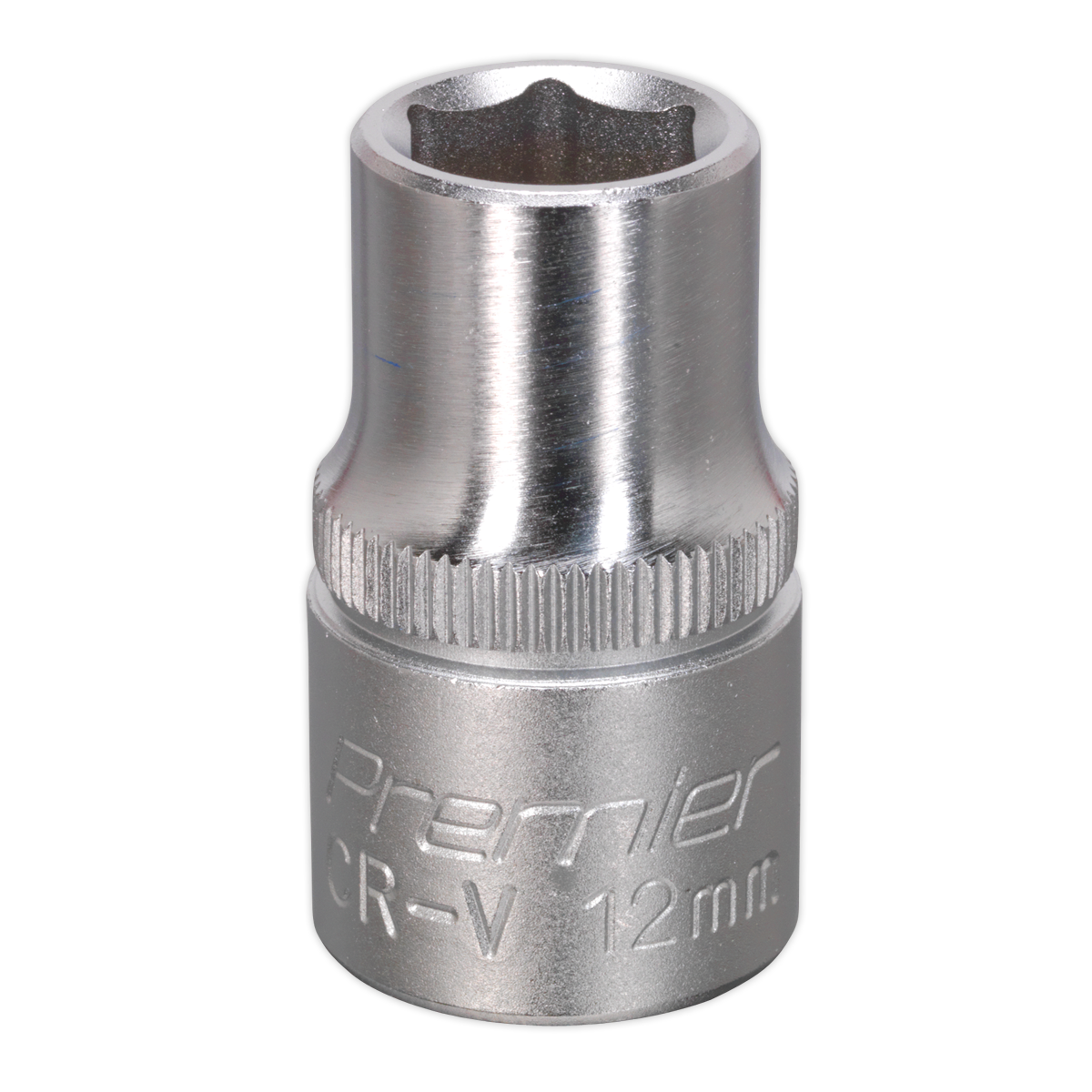 The Sealey WallDrive® Socket 12mm 1/2"Sq Drive - S1212 is a silver tool crafted from durable Chrome Vanadium steel, perfect for tightening or loosening bolts and nuts. An essential addition to any hand tools collection, this Premier CR-V socket comes with a lifetime guarantee.