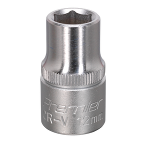 The Sealey WallDrive® Socket 12mm 1/2"Sq Drive - S1212 is a silver tool crafted from durable Chrome Vanadium steel, perfect for tightening or loosening bolts and nuts. An essential addition to any hand tools collection, this Premier CR-V socket comes with a lifetime guarantee.