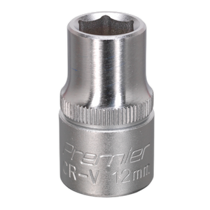 The Sealey WallDrive® Socket 12mm 1/2"Sq Drive - S1212 is a silver tool crafted from durable Chrome Vanadium steel, perfect for tightening or loosening bolts and nuts. An essential addition to any hand tools collection, this Premier CR-V socket comes with a lifetime guarantee.