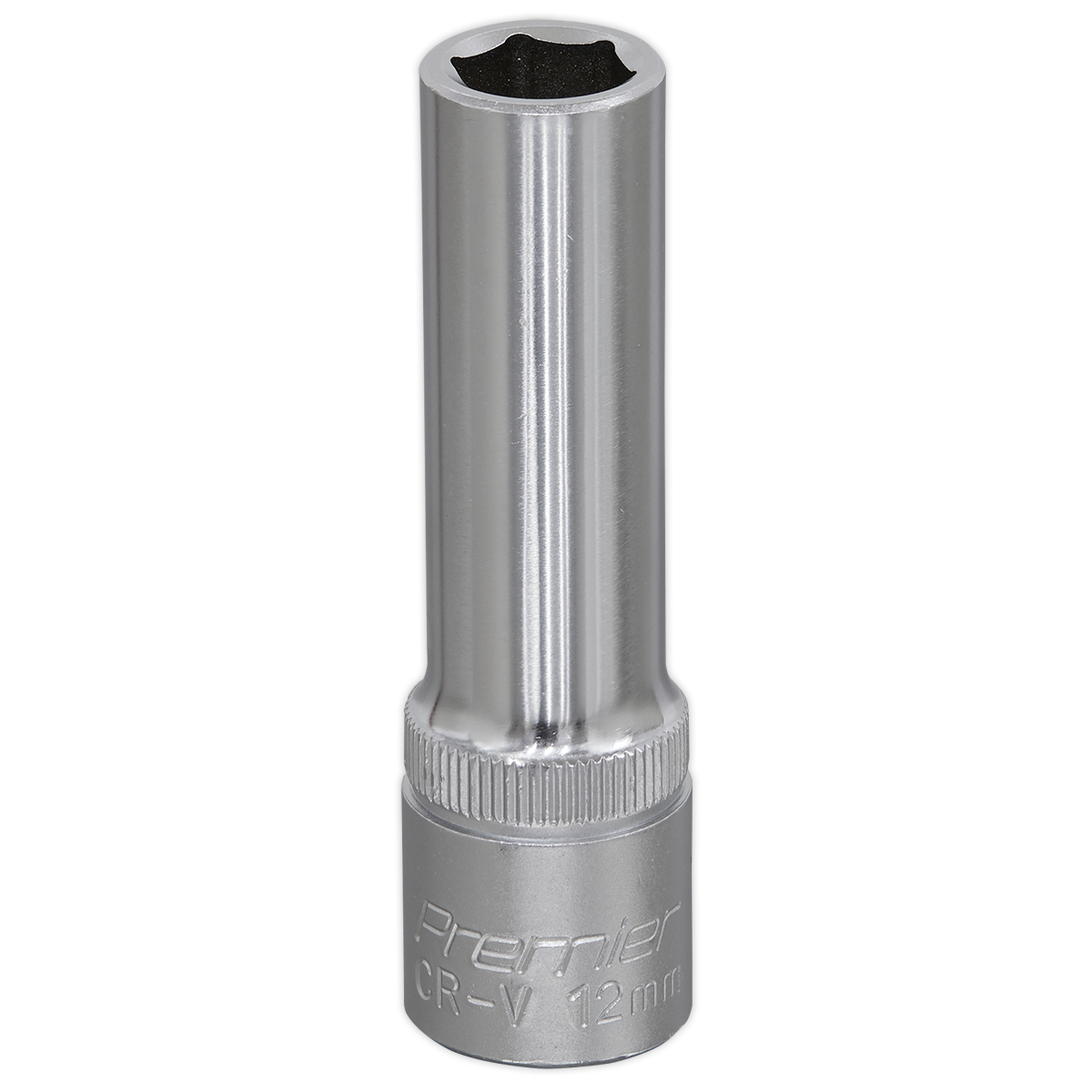 A 12mm chrome vanadium deep socket called "WallDrive® Socket 12mm Deep 1/2"Sq Drive - S1212D" by Sealey, with a hexagonal drive opening, features the WallDrive® socket configuration and has a shiny finish.