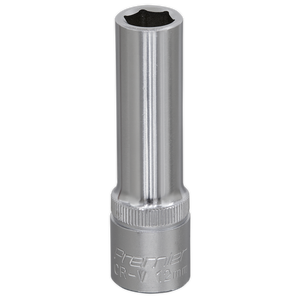 A 12mm chrome vanadium deep socket called "WallDrive® Socket 12mm Deep 1/2"Sq Drive - S1212D" by Sealey, with a hexagonal drive opening, features the WallDrive® socket configuration and has a shiny finish.