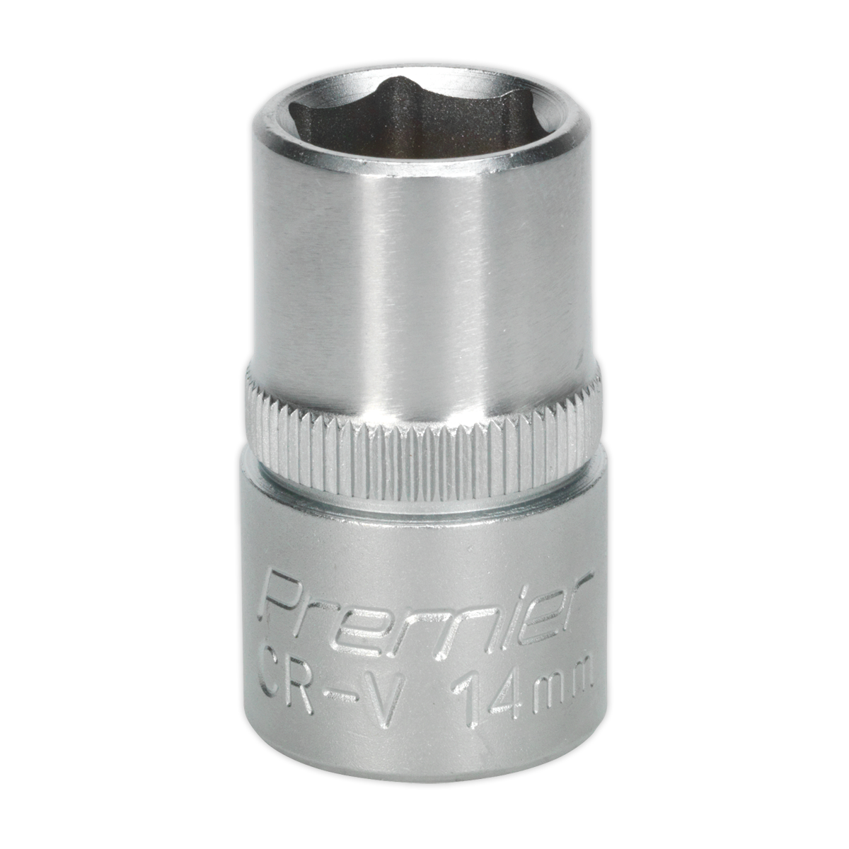 A WallDrive® Socket 14mm 1/2"Sq Drive - S1214 by Sealey is shown, labeled "Premier CR-V 14mm," crafted from durable Chrome Vanadium steel.