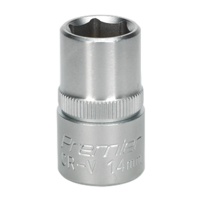 A WallDrive® Socket 14mm 1/2"Sq Drive - S1214 by Sealey is shown, labeled "Premier CR-V 14mm," crafted from durable Chrome Vanadium steel.