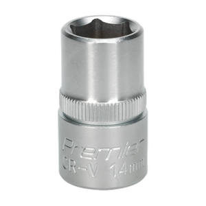 A WallDrive® Socket 14mm 1/2"Sq Drive - S1214 by Sealey is shown, labeled "Premier CR-V 14mm," crafted from durable Chrome Vanadium steel.