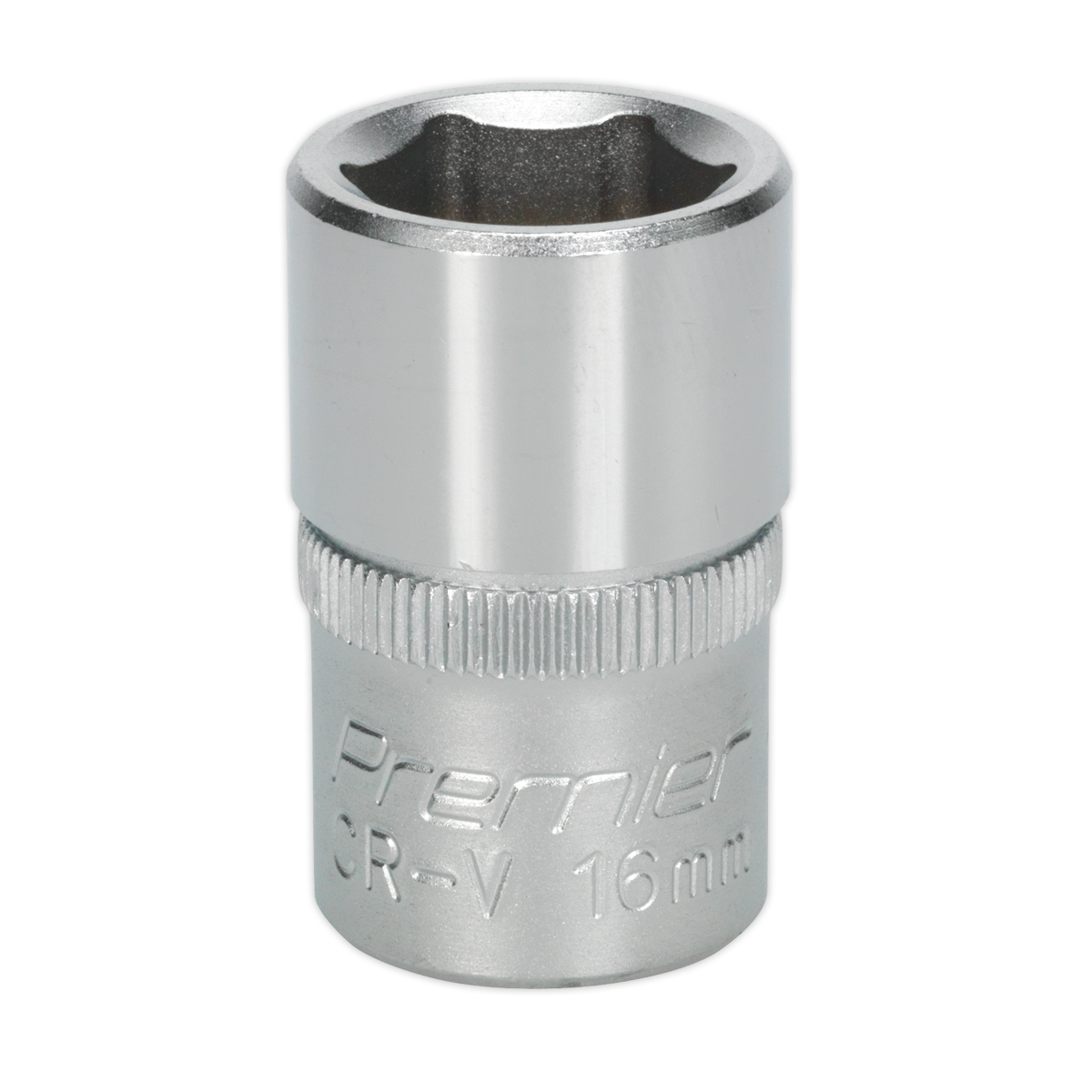 A 16mm Sealey WallDrive® Socket (S1216) with a 1/2" square drive and a knurled grip, designed for use with socket wrenches.