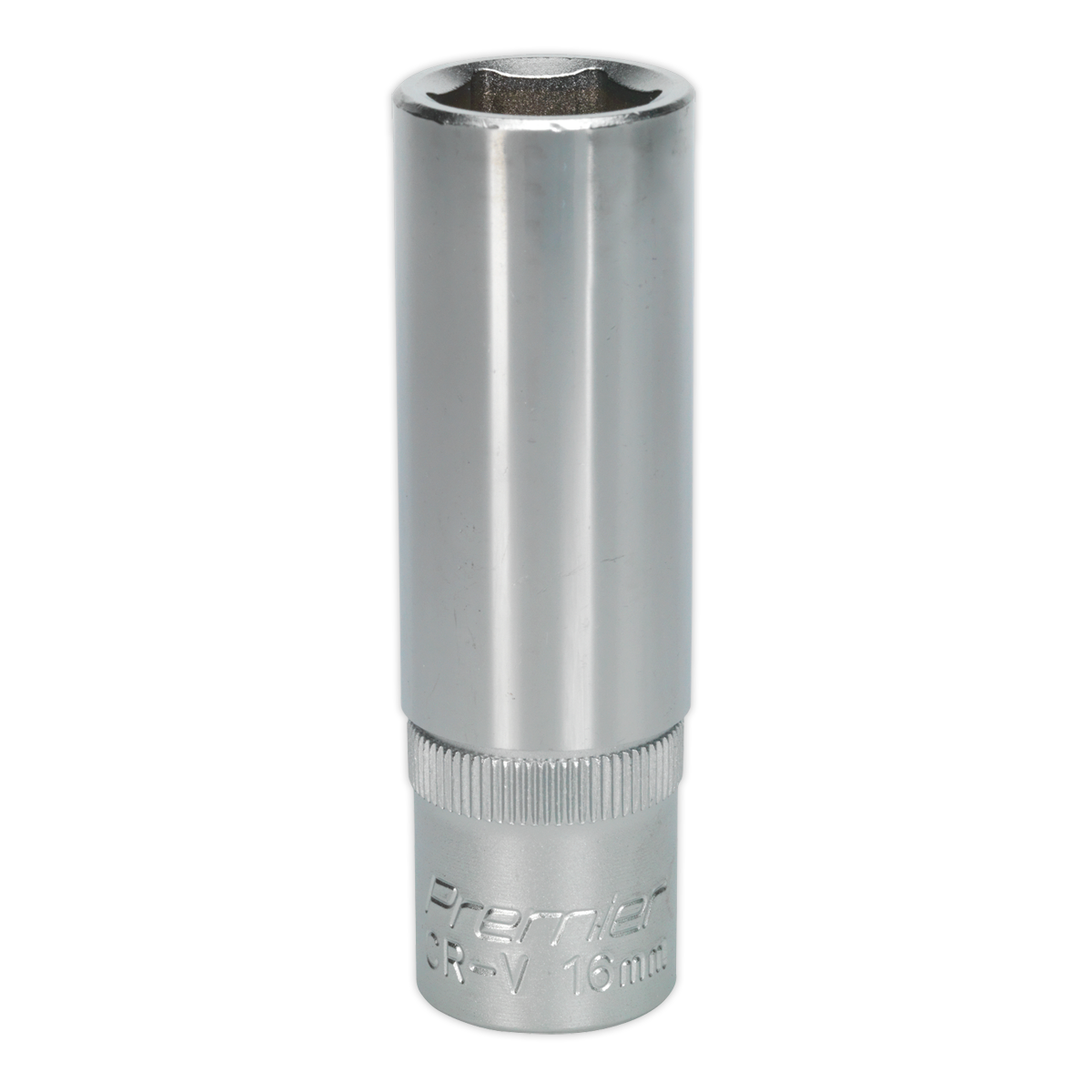 A Sealey WallDrive® Socket 16mm Deep 1/2"Sq Drive - S1216D, made from silver, cylindrical Chrome Vanadium steel with "CR-V 16mm" engraved at the base.