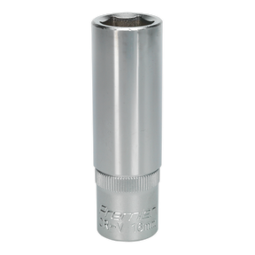 A Sealey WallDrive® Socket 16mm Deep 1/2"Sq Drive - S1216D, made from silver, cylindrical Chrome Vanadium steel with "CR-V 16mm" engraved at the base.
