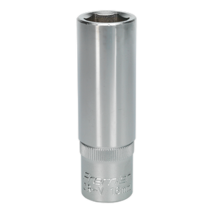 A Sealey WallDrive® Socket 16mm Deep 1/2"Sq Drive - S1216D, made from silver, cylindrical Chrome Vanadium steel with "CR-V 16mm" engraved at the base.