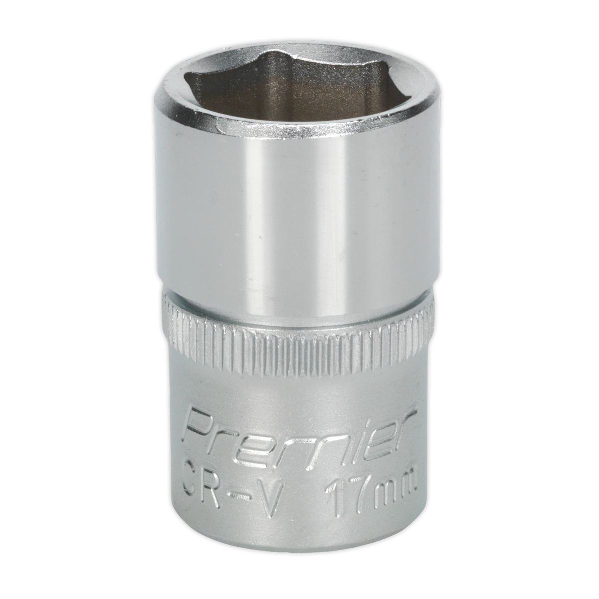 A silver, cylindrical 17mm socket with the inscription "Sealey WallDrive® S1217" on the side, made from Chrome Vanadium steel for durability and strength.