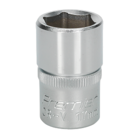 A silver, cylindrical 17mm socket with the inscription "Sealey WallDrive® S1217" on the side, made from Chrome Vanadium steel for durability and strength.