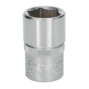 A silver, cylindrical 17mm socket with the inscription "Sealey WallDrive® S1217" on the side, made from Chrome Vanadium steel for durability and strength.