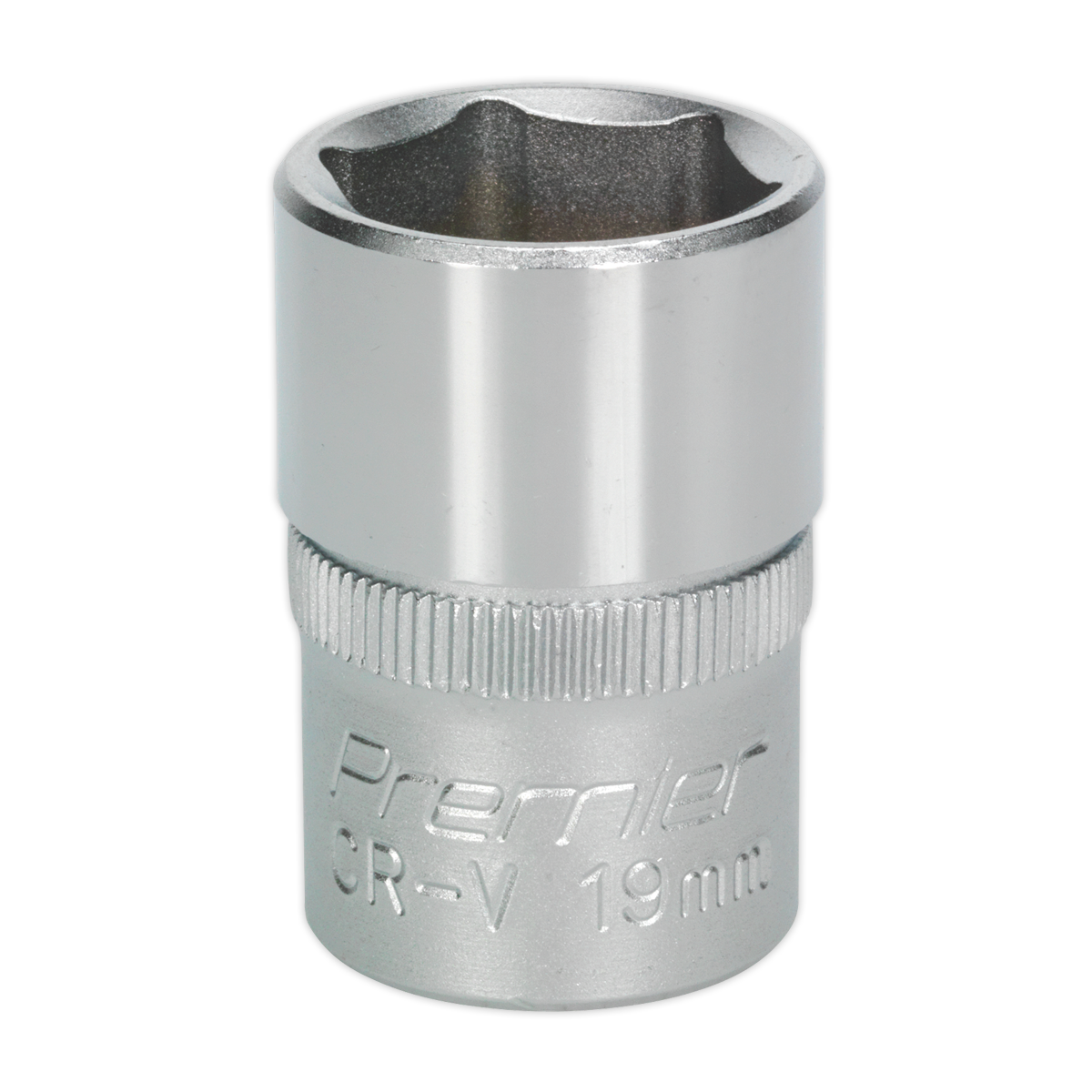 A close-up image of a Sealey WallDrive® Socket 19mm 1/2"Sq Drive - S1219 with a hexagonal opening and a chrome finish, typically used with a ratchet tool for tightening or loosening bolts. The WallDrive® socket configuration ensures maximum grip and efficiency.