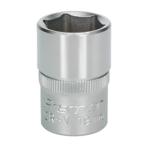 A close-up image of a Sealey WallDrive® Socket 19mm 1/2"Sq Drive - S1219 with a hexagonal opening and a chrome finish, typically used with a ratchet tool for tightening or loosening bolts. The WallDrive® socket configuration ensures maximum grip and efficiency.