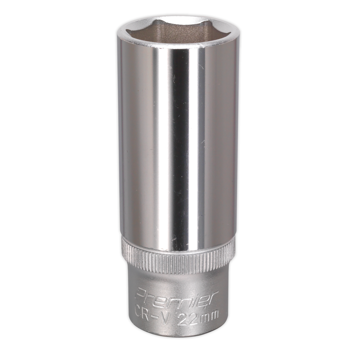 The Sealey WallDrive® Socket 22mm Deep 1/2"Sq Drive - S1222D is a chrome-plated CR-V tool featuring a hexagonal opening and a knurled base for enhanced grip, ideal for professionals needing to tighten or loosen nuts and bolts.