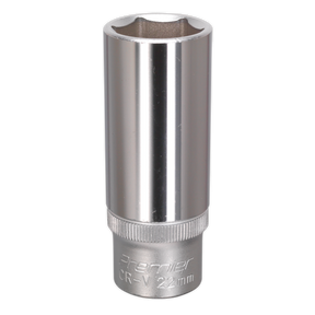 The Sealey WallDrive® Socket 22mm Deep 1/2"Sq Drive - S1222D is a chrome-plated CR-V tool featuring a hexagonal opening and a knurled base for enhanced grip, ideal for professionals needing to tighten or loosen nuts and bolts.