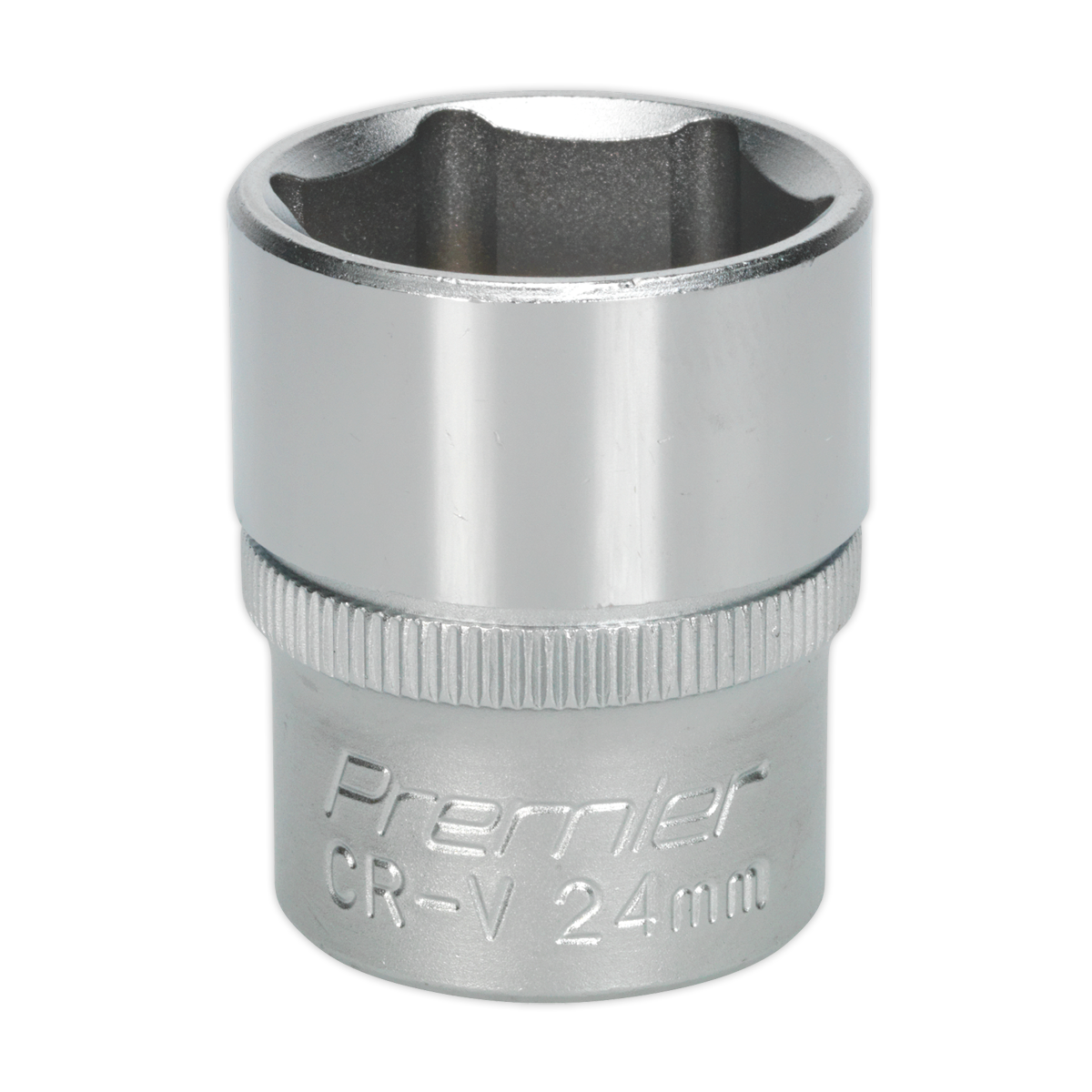 A chrome-finished 24mm WallDrive® Socket from Sealey, featuring "S1224" and "Premier CR-V 24mm" engraving on the surface, is designed for use with ratchets or wrenches. Made from premium Chrome Vanadium steel, it reflects the quality and durability synonymous with Premier Hand Tools.