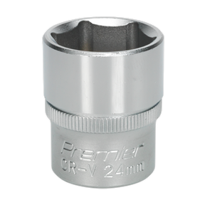 A chrome-finished 24mm WallDrive® Socket from Sealey, featuring "S1224" and "Premier CR-V 24mm" engraving on the surface, is designed for use with ratchets or wrenches. Made from premium Chrome Vanadium steel, it reflects the quality and durability synonymous with Premier Hand Tools.