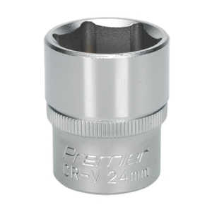 A chrome-finished 24mm WallDrive® Socket from Sealey, featuring "S1224" and "Premier CR-V 24mm" engraving on the surface, is designed for use with ratchets or wrenches. Made from premium Chrome Vanadium steel, it reflects the quality and durability synonymous with Premier Hand Tools.