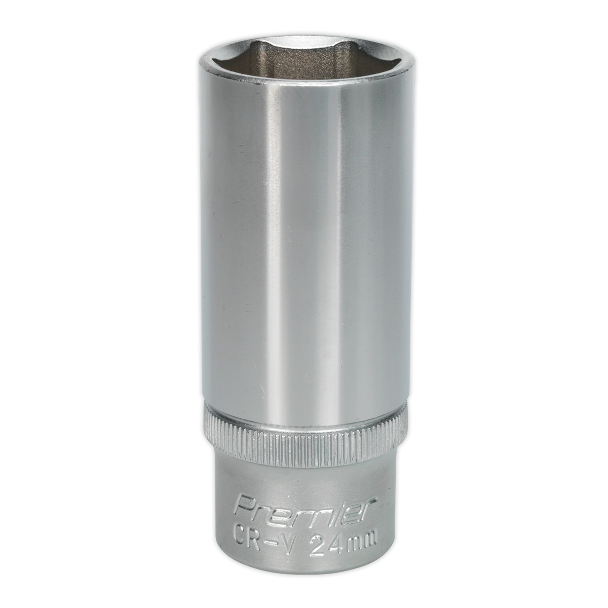 The Sealey WallDrive® Socket 24mm Deep 1/2"Sq Drive - S1224D, crafted from cold-forged Chrome Vanadium steel with "Premier CR-V 24mm" engraved near the base, features a WallDrive® socket configuration for enhanced grip.