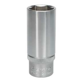 The Sealey WallDrive® Socket 24mm Deep 1/2"Sq Drive - S1224D, crafted from cold-forged Chrome Vanadium steel with "Premier CR-V 24mm" engraved near the base, features a WallDrive® socket configuration for enhanced grip.