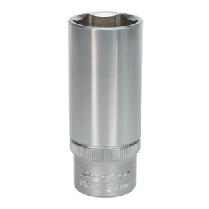 The Sealey WallDrive® Socket 24mm Deep 1/2"Sq Drive - S1224D, crafted from cold-forged Chrome Vanadium steel with "Premier CR-V 24mm" engraved near the base, features a WallDrive® socket configuration for enhanced grip.