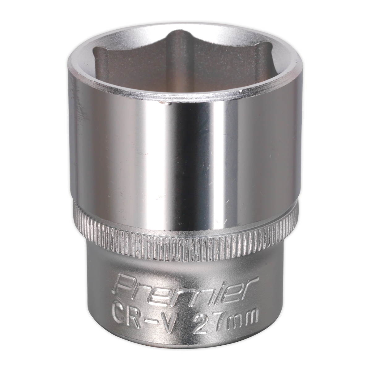 The Sealey WallDrive® Socket 27mm 1/2"Sq Drive - S1227 is a chrome-plated socket wrench head made from Chrome Vanadium steel, engraved with "Premier CR-V 27mm" on the body and designed with the WallDrive® configuration for enhanced grip and durability.