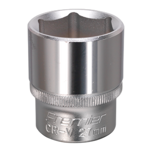 The Sealey WallDrive® Socket 27mm 1/2"Sq Drive - S1227 is a chrome-plated socket wrench head made from Chrome Vanadium steel, engraved with "Premier CR-V 27mm" on the body and designed with the WallDrive® configuration for enhanced grip and durability.